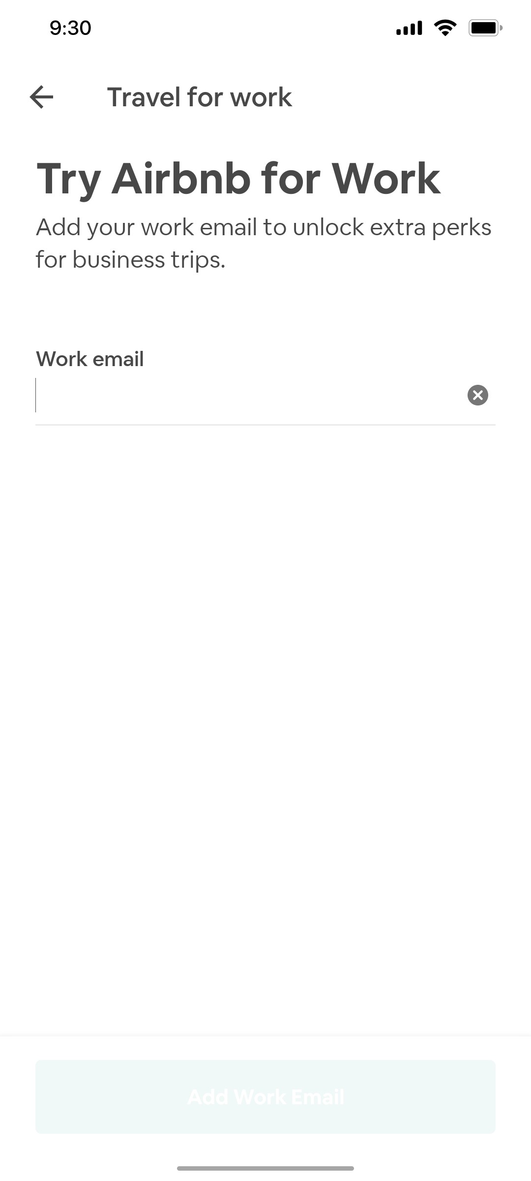 Airbnb Travel for work screen