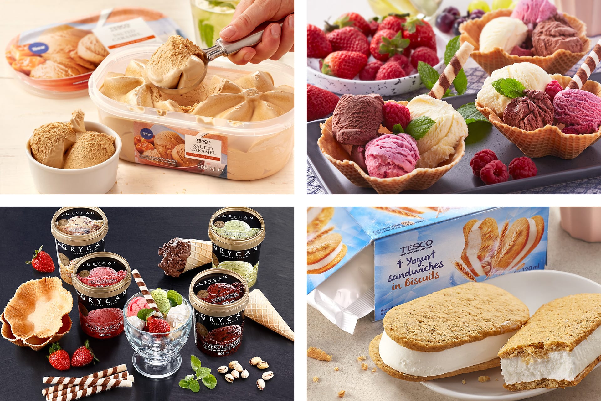 Collage of four ice cream scenes: coffee scoops, colorful waffle bowls, assorted pints with cones, and yogurt sandwiches