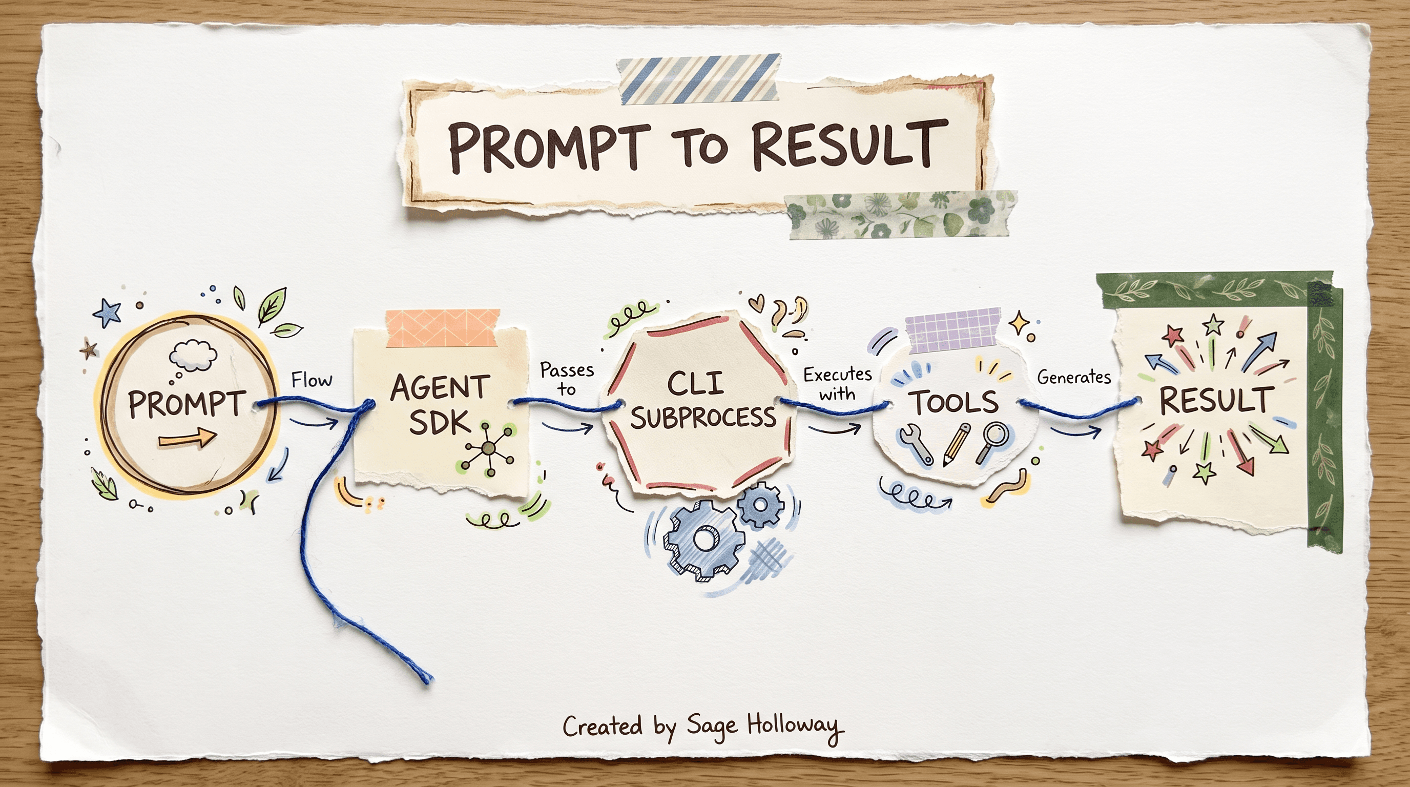 Diagram of the Claude Agent SDK loop from prompt through SDK to Claude Code CLI subprocess, tools, and structured result