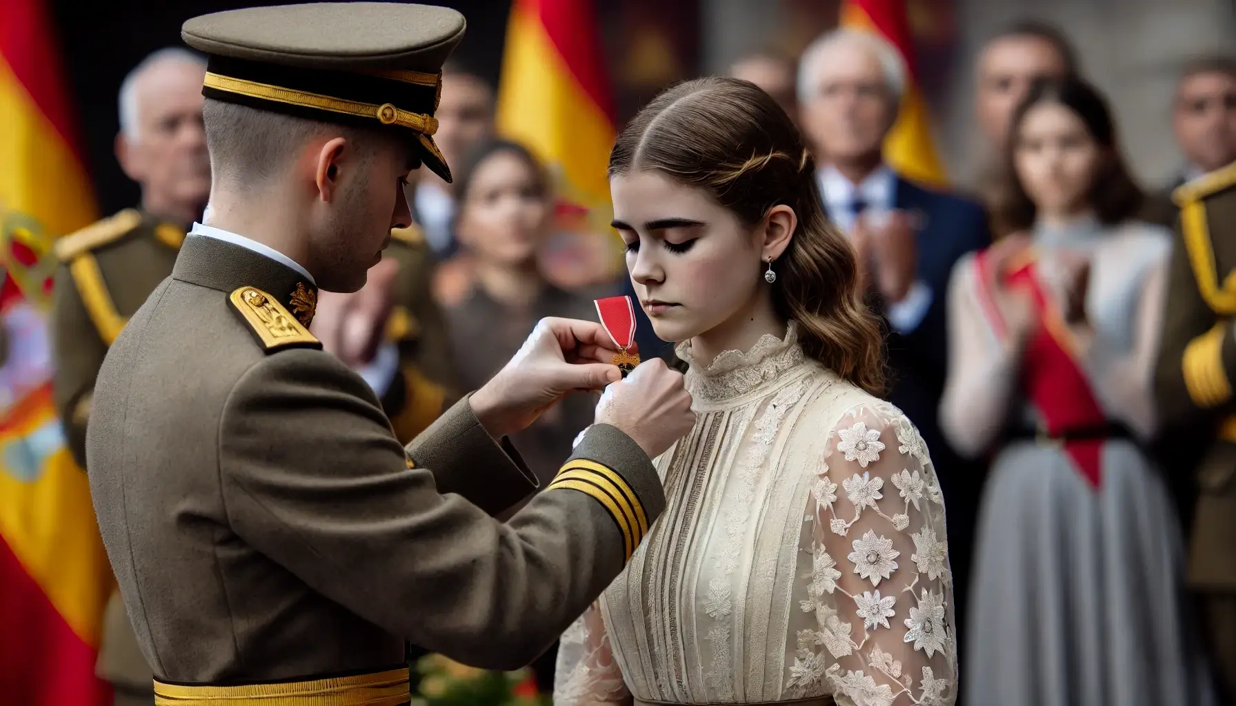 una chica recibiendo una condecoración por méritos en Guardia Civil