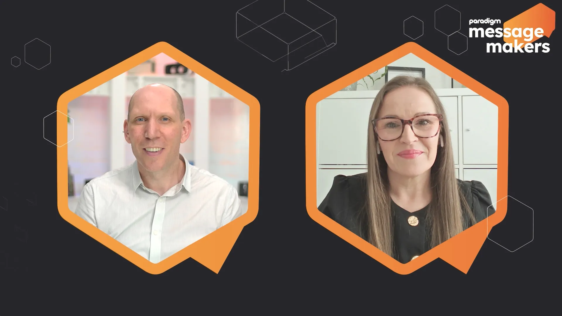 Screenshot of Dan Gibbons and Tracy Goode talking in the Paradigm Message Makers podcast