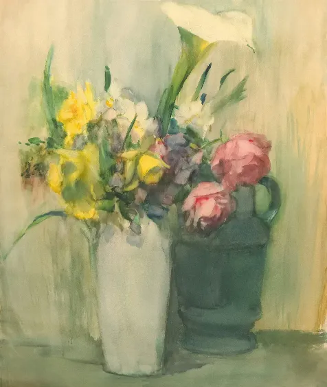 a painting of flowers in a vase on a table
