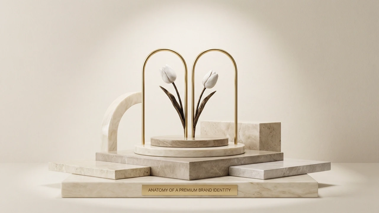 Abstract 3D composition with two white flowers inside a gold arch resting on stepped marble platforms.