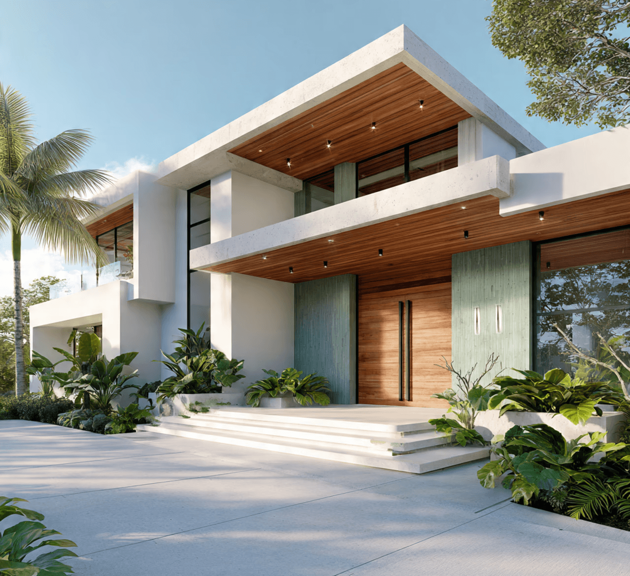 Modern house with a green and white facade, large windows, and a wooden entrance. Surrounded by lush plants and palm trees under a clear blue sky.
