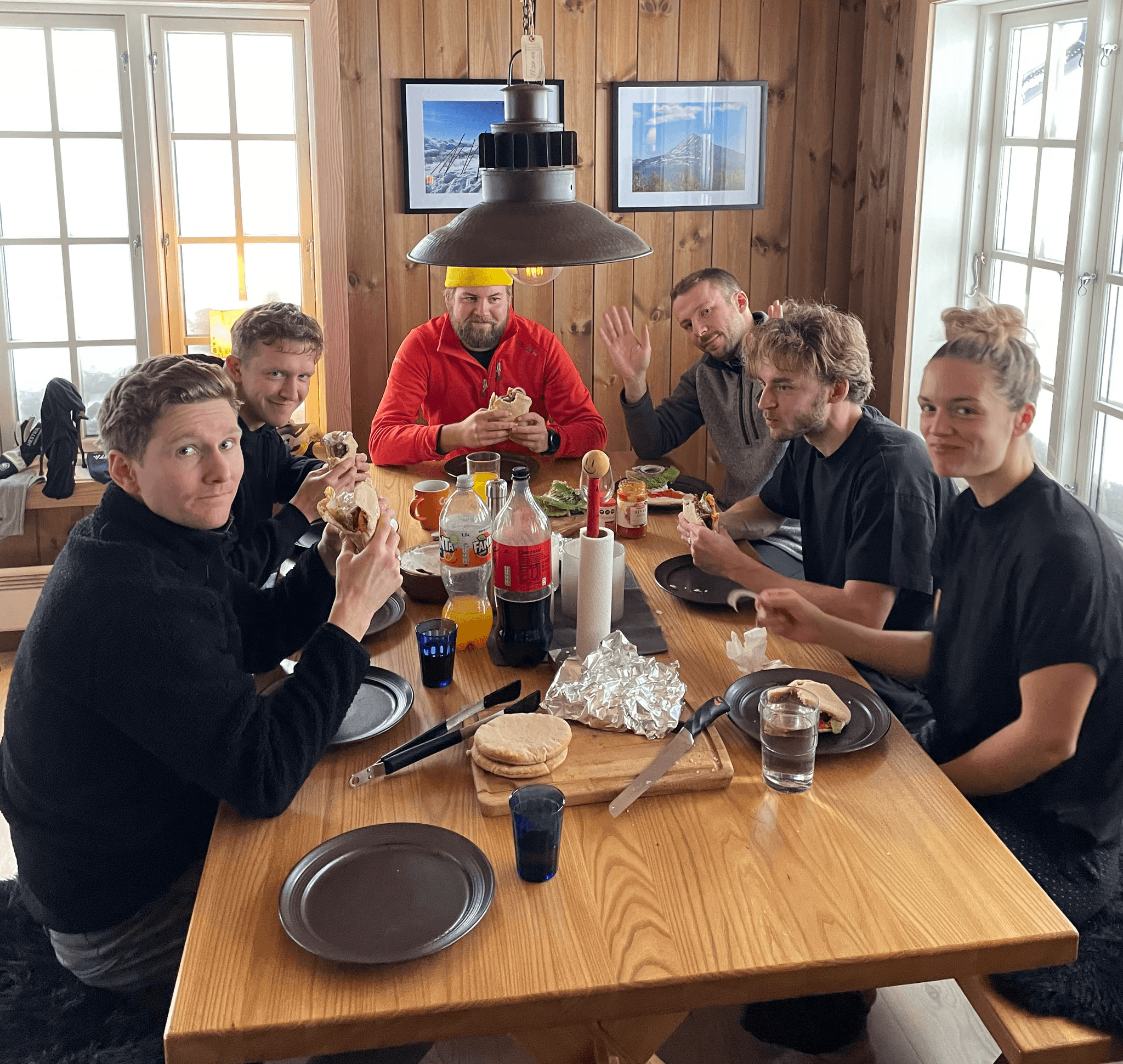 Team Scaffcalc enjoying a meal in ski cabin