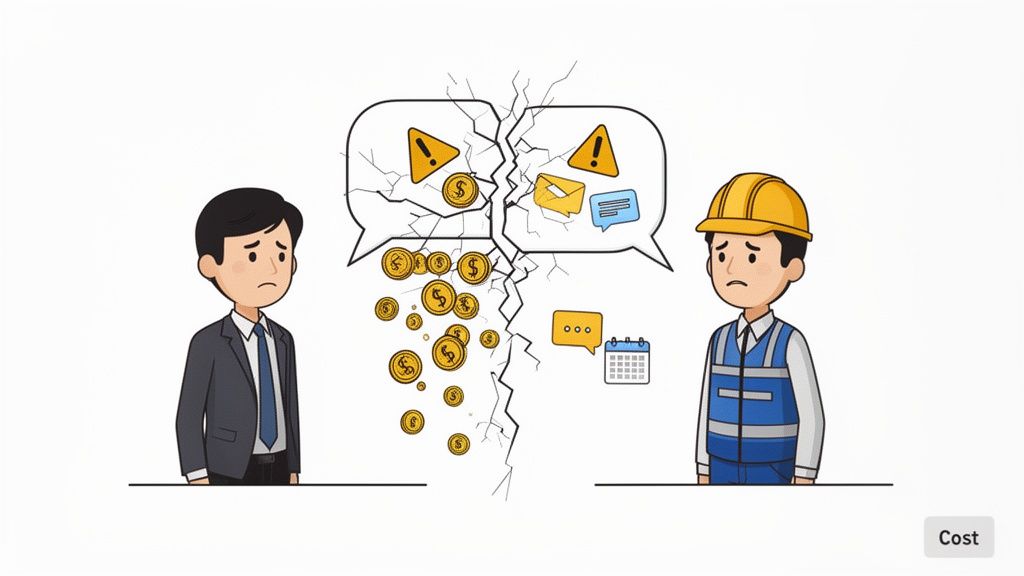 Two men face a cracked speech bubble with falling money, symbolizing communication breakdown and project costs.