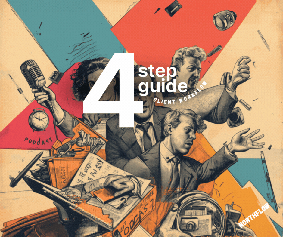 "Retro surrealist collage illustrating a chaotic podcast agency team overwhelmed by fragmented tools and scattered workflows, representing the problem of duct-taped production systems that agentic AI can replace."