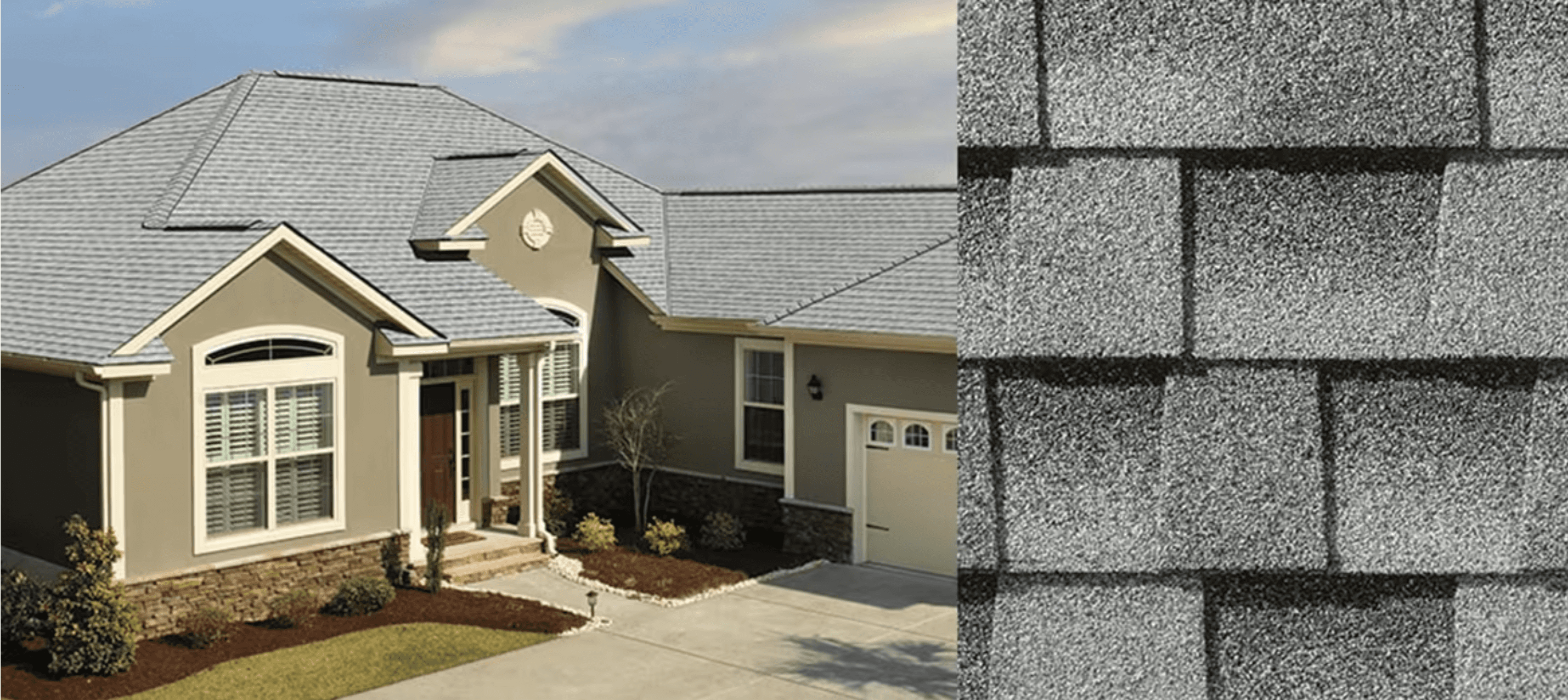 Combined beauty shot and swatch for GAF Timberline HDZ Birchwood shingles.