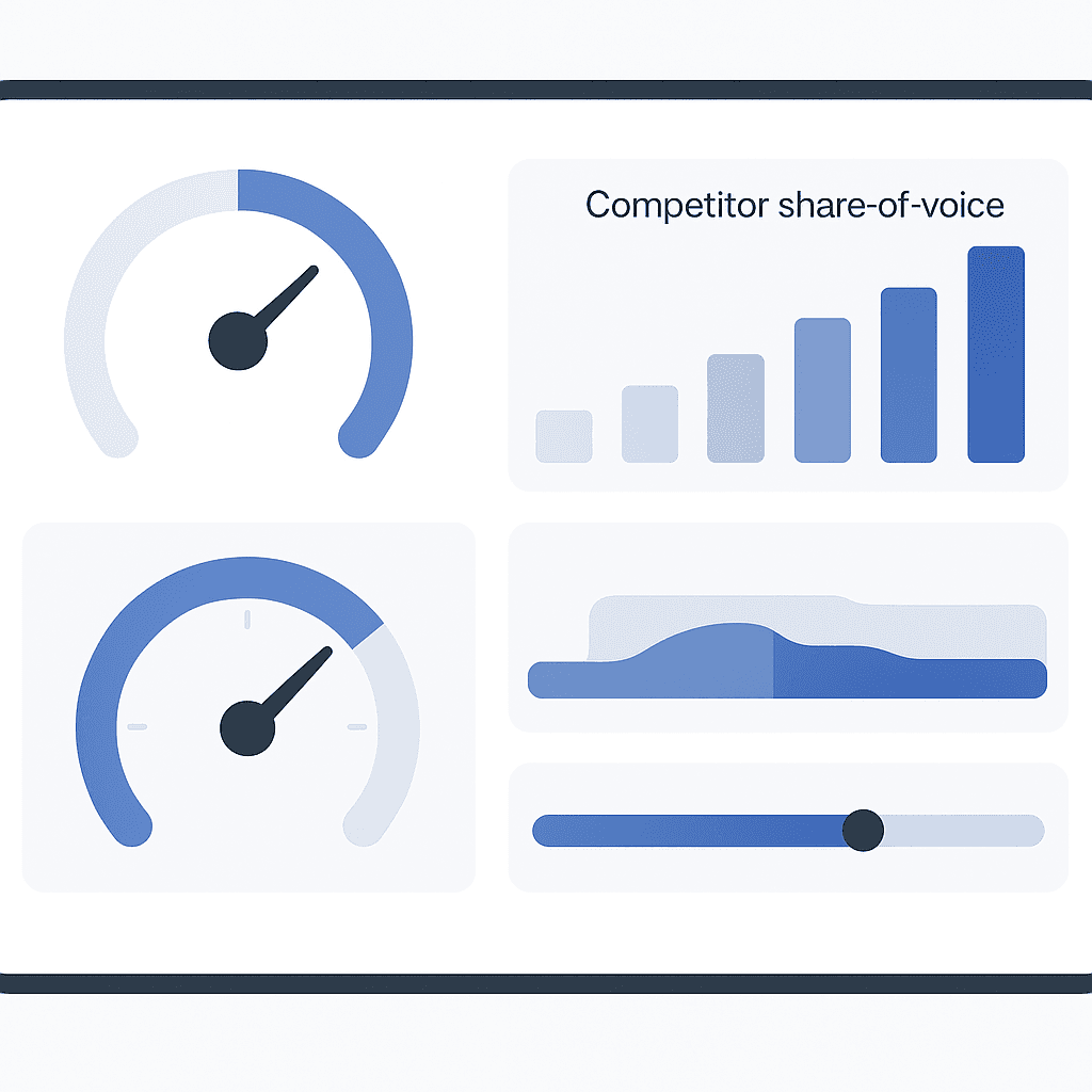 Conceptual analytics dashboard visualizing AI citation KPIs such as frequency, share of voice, and sentiment.