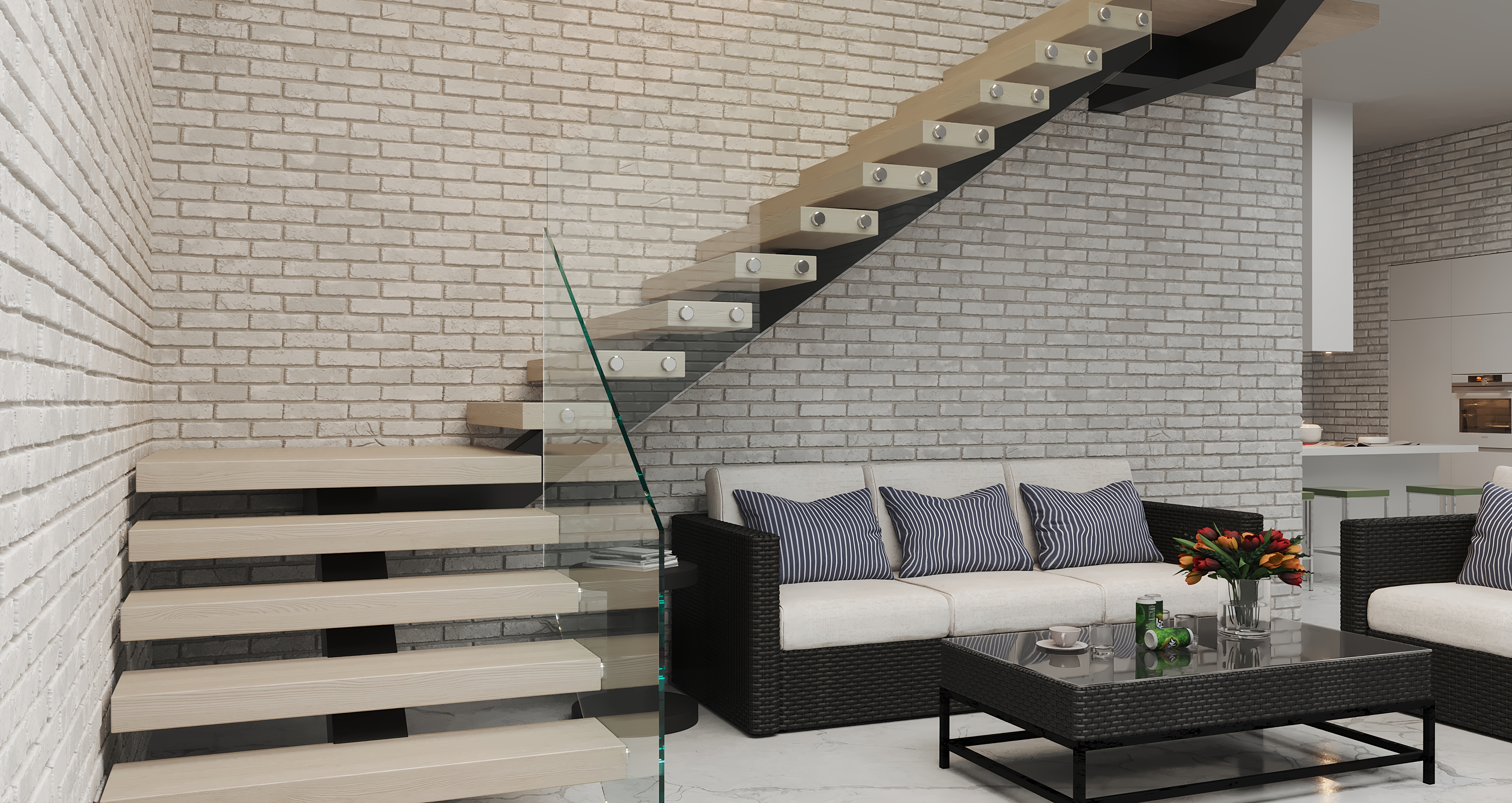 Finished staircase and glass railing design solution