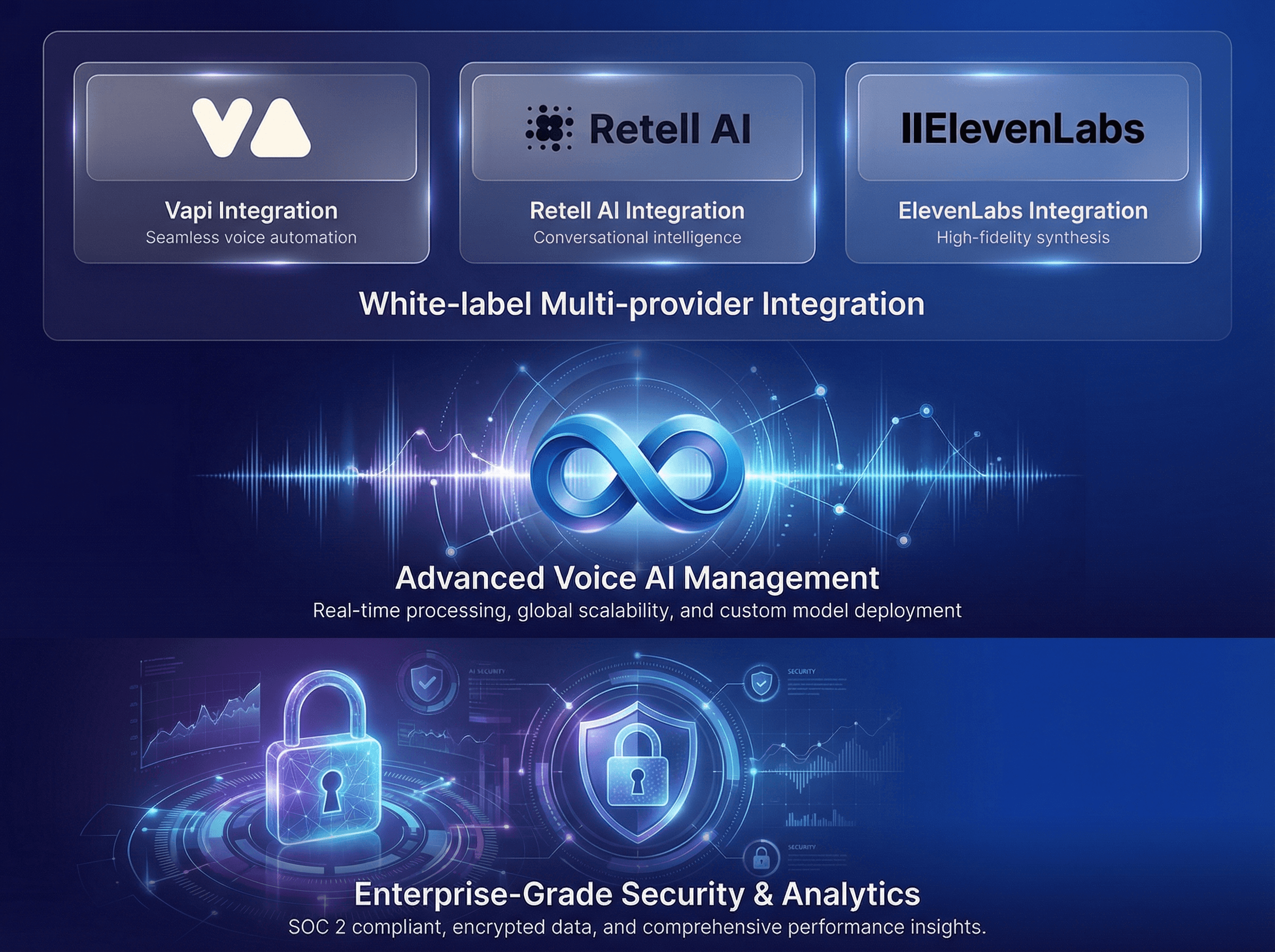 Platform showing Vapi, Retell AI, and ElevenLabs integrations with advanced voice AI management and enterprise-grade security analytics-VoiceAIWrapper