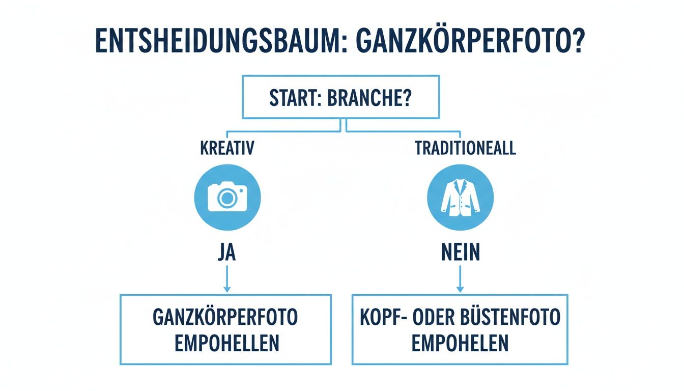 Entscheidungsbaum zur Wahl des Bewerbungsfotos: Ganzkörperfoto für Kreative, Kopf- oder Büstenfoto für Traditionelle Branchen.