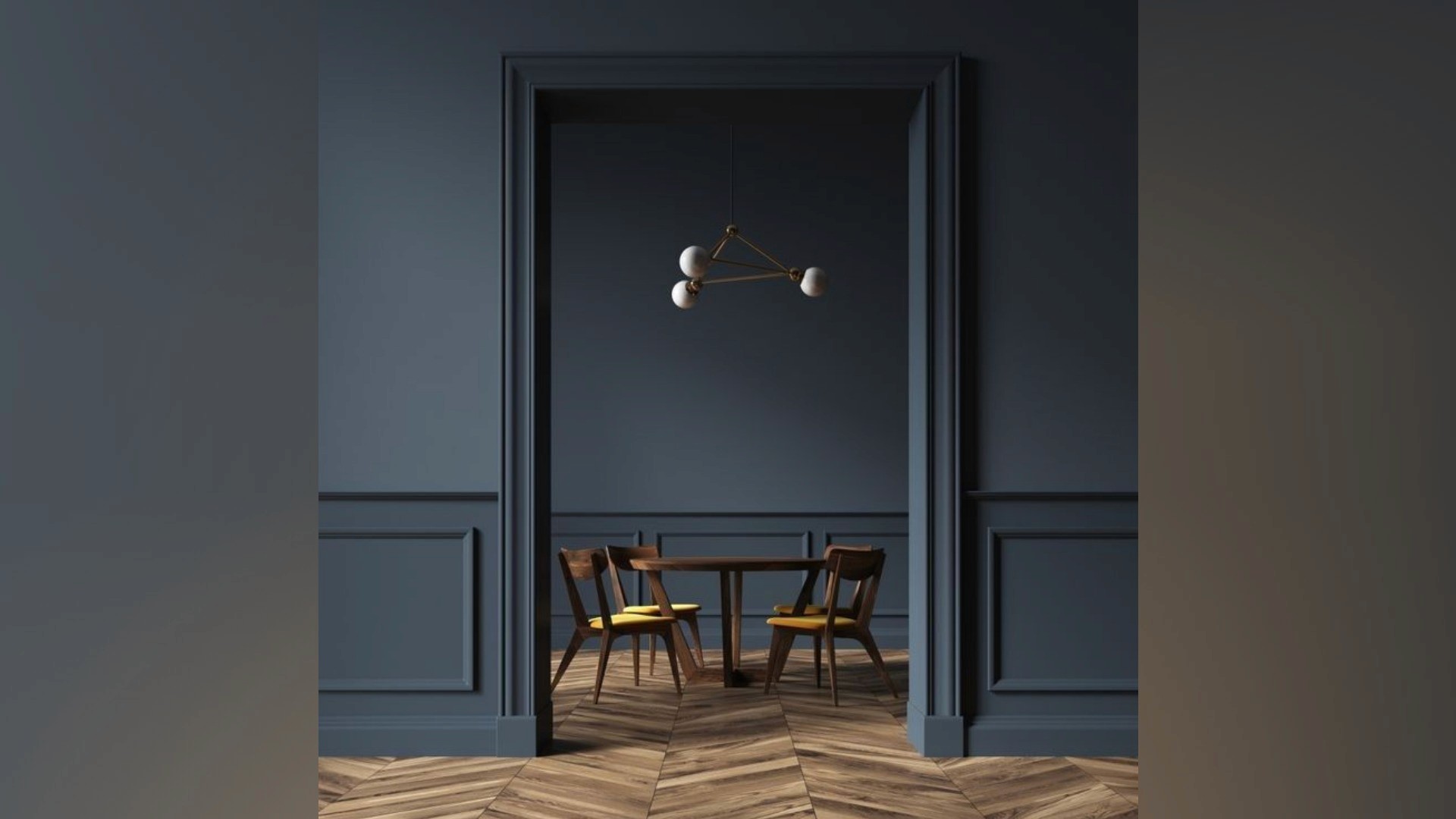 Striking navy blue walls frame a glimpse of mid-century modern dining furniture and a brass pendant light, showcasing rhythmic texture and acoustic depth.