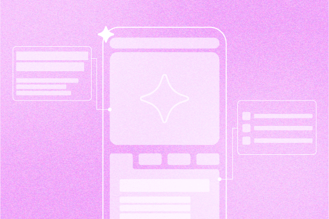 A light wireframe of a mobile experience with rectangles representing content on the page