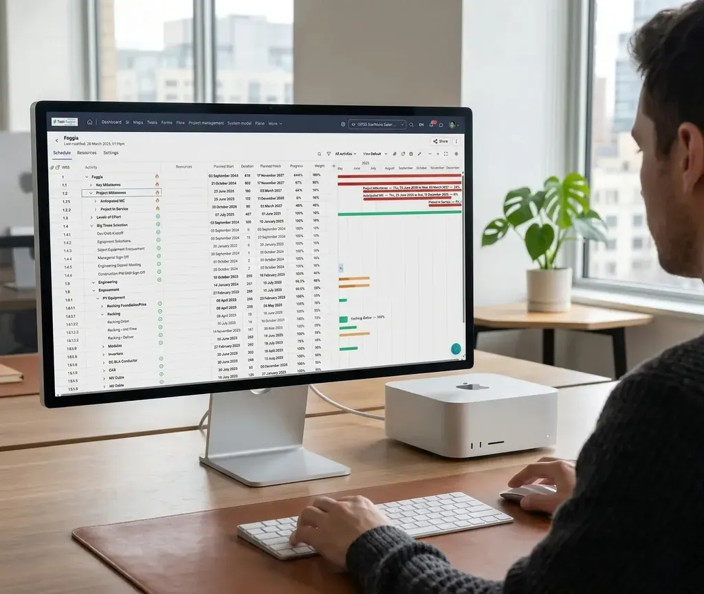 A person working at a desk, looking at a computer monitor displaying a spreadsheet or data table.