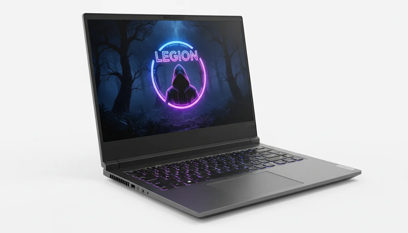 DSLR product photography of a modern Lenovo Legion gaming laptop on a seamless white studio background, captured at a three-quarter angle. The laptop has a matte dark grey metallic chassis and is open, displaying the screen and keyboard. Soft studio lighting illuminates the device evenly. The screen features a vibrant wallpaper of a dark forest at night with a glowing neon purple and blue circle in the center, framing a silhouetted figure. The word 'LEGION' is displayed in bright, glowing letters above the figure. The keyboard has subtle purple and blue RGB backlighting. The entire laptop is in sharp focus, hyper-detailed.