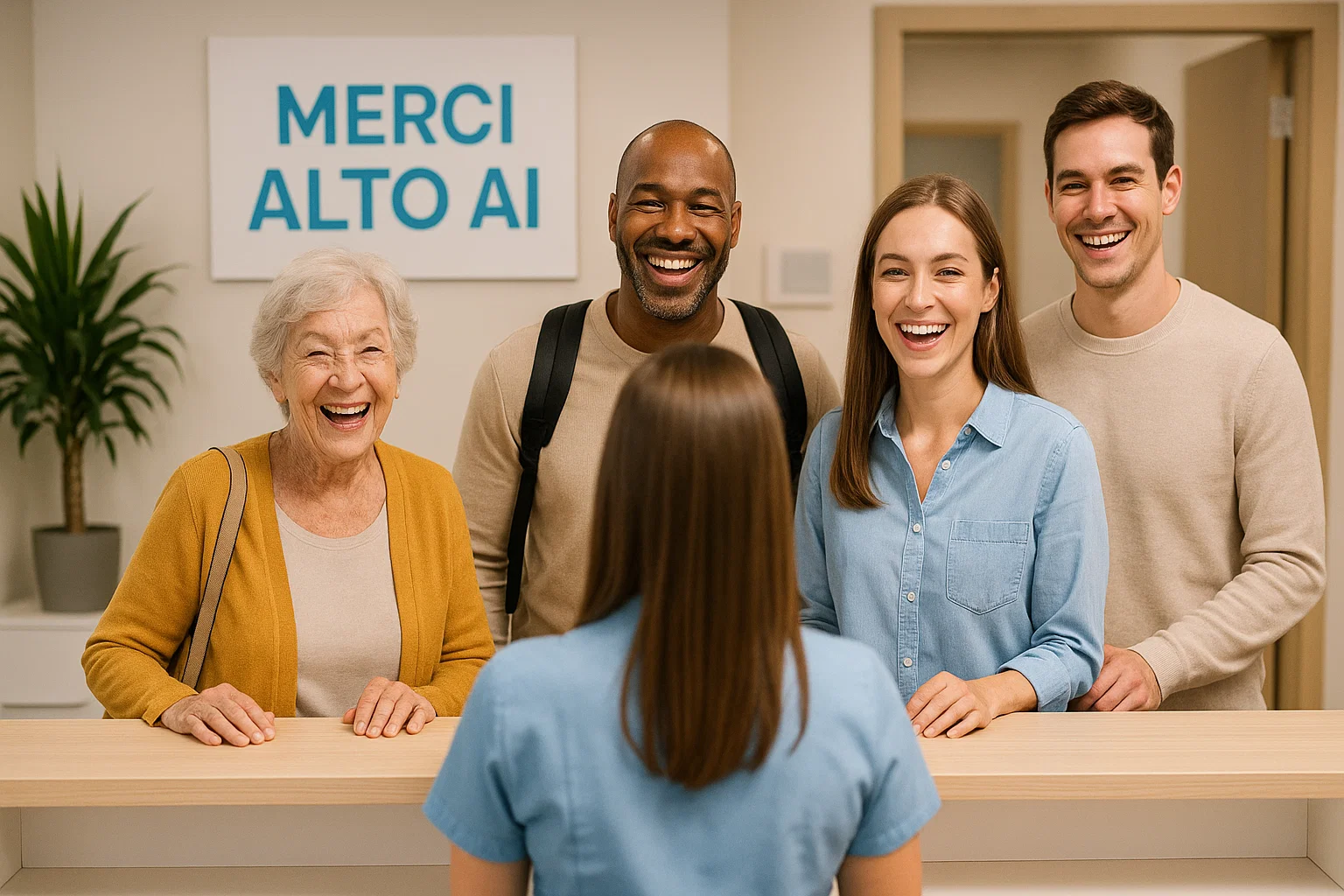Secrétaire médicale en face de patients souriants et texte "Merci Alto AI"