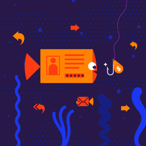 Illustration of a stylised fish looking at a Hook. Awareness campaign for Phishing.