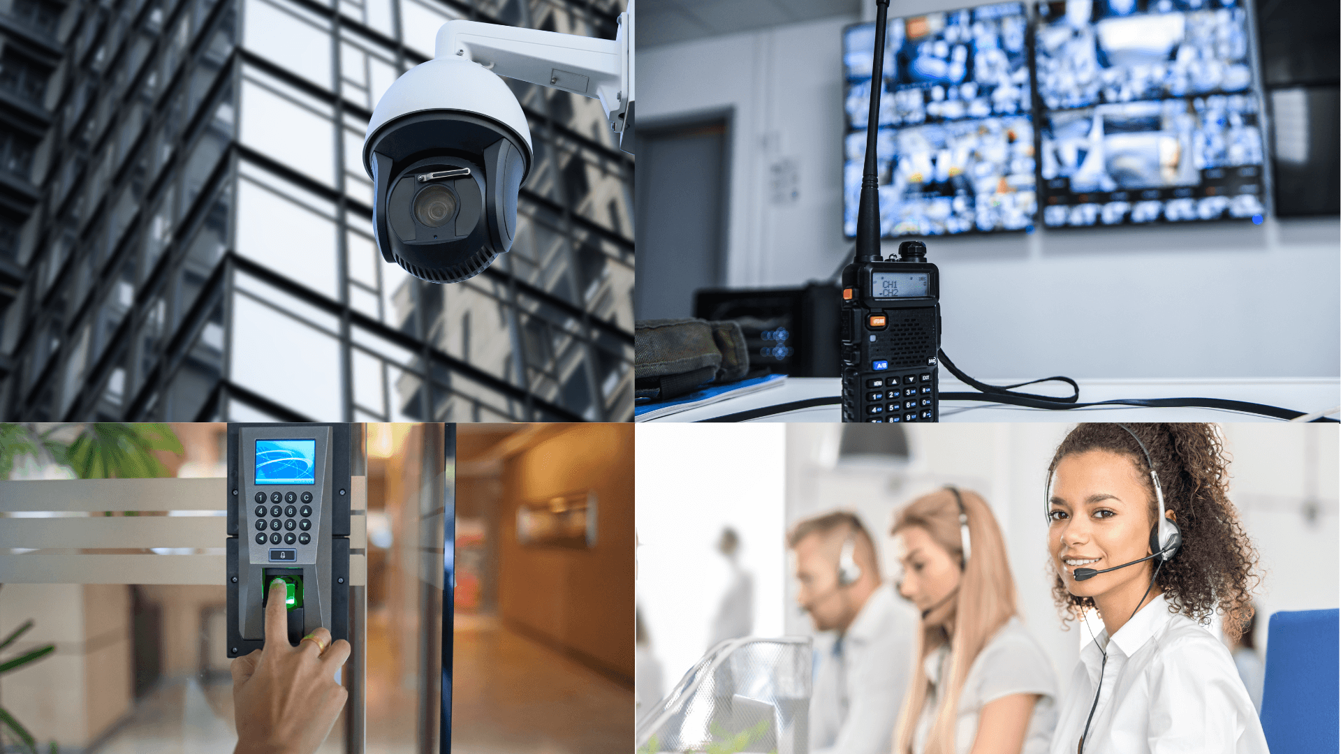 Security cameras, security monitors, security keypad, security personell for monitoring