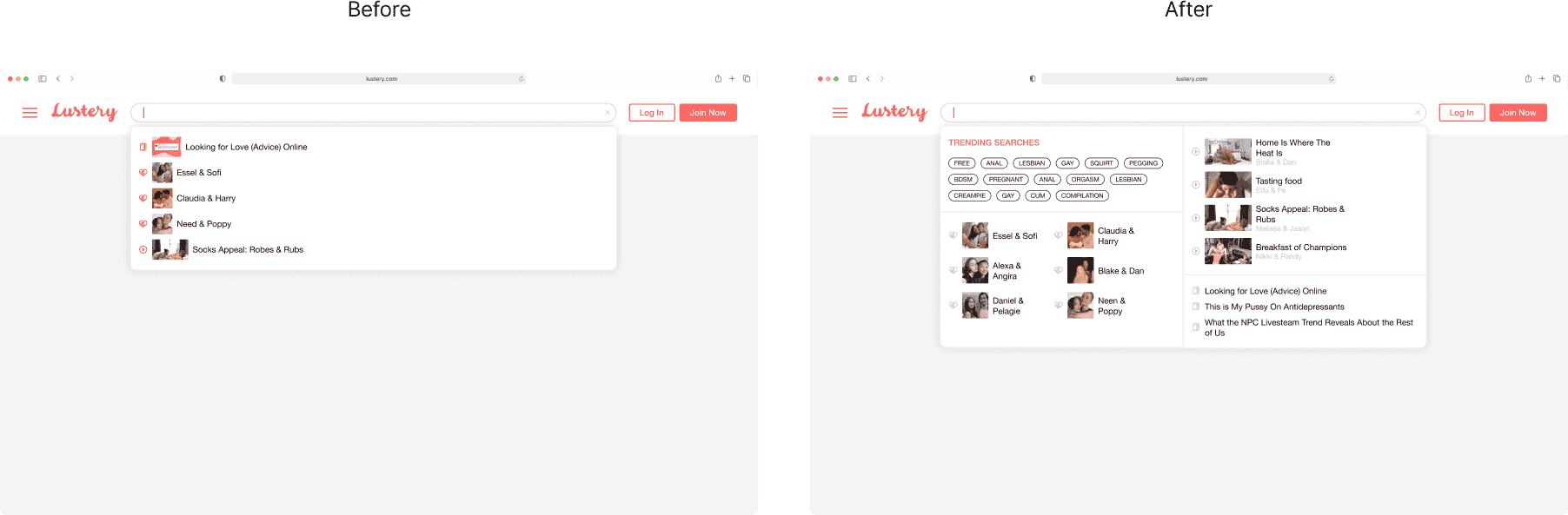 Before and after comparison of Lustery’s global search UI redesign on desktop.