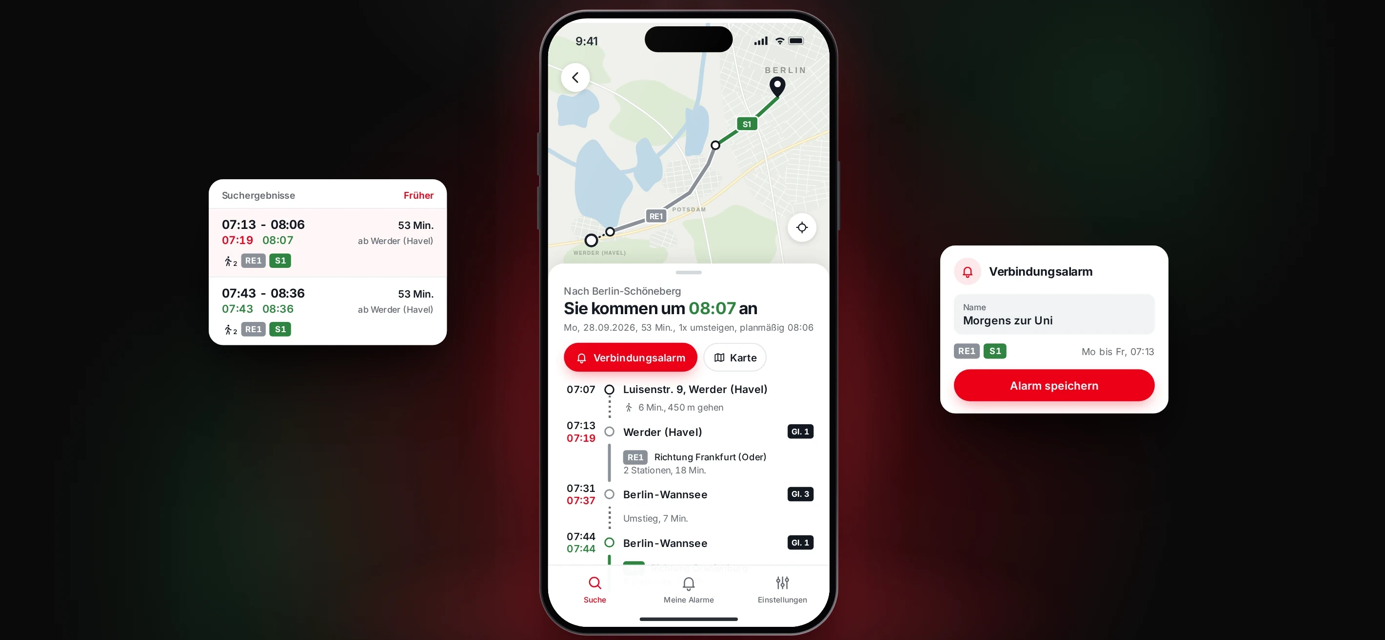 Illustrative interface: journey from Werder (Havel) to Berlin-Schöneberg on a map, with live delays and a connection alarm