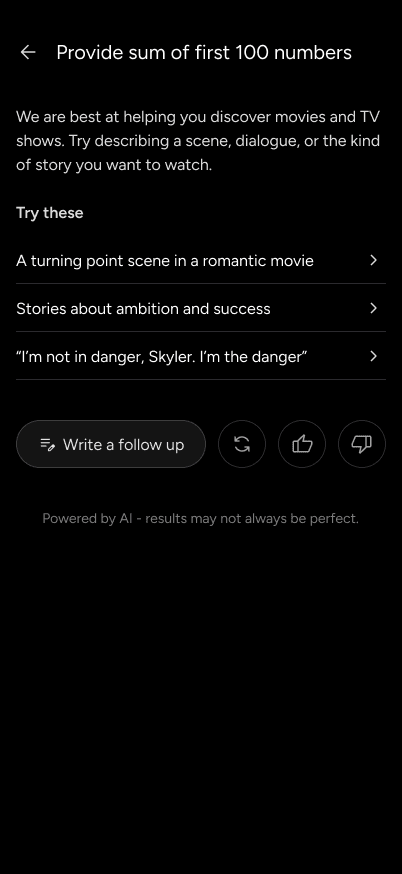 An AI feedback screen guiding users to describe memories, scenes, or dialogue for better discovery results