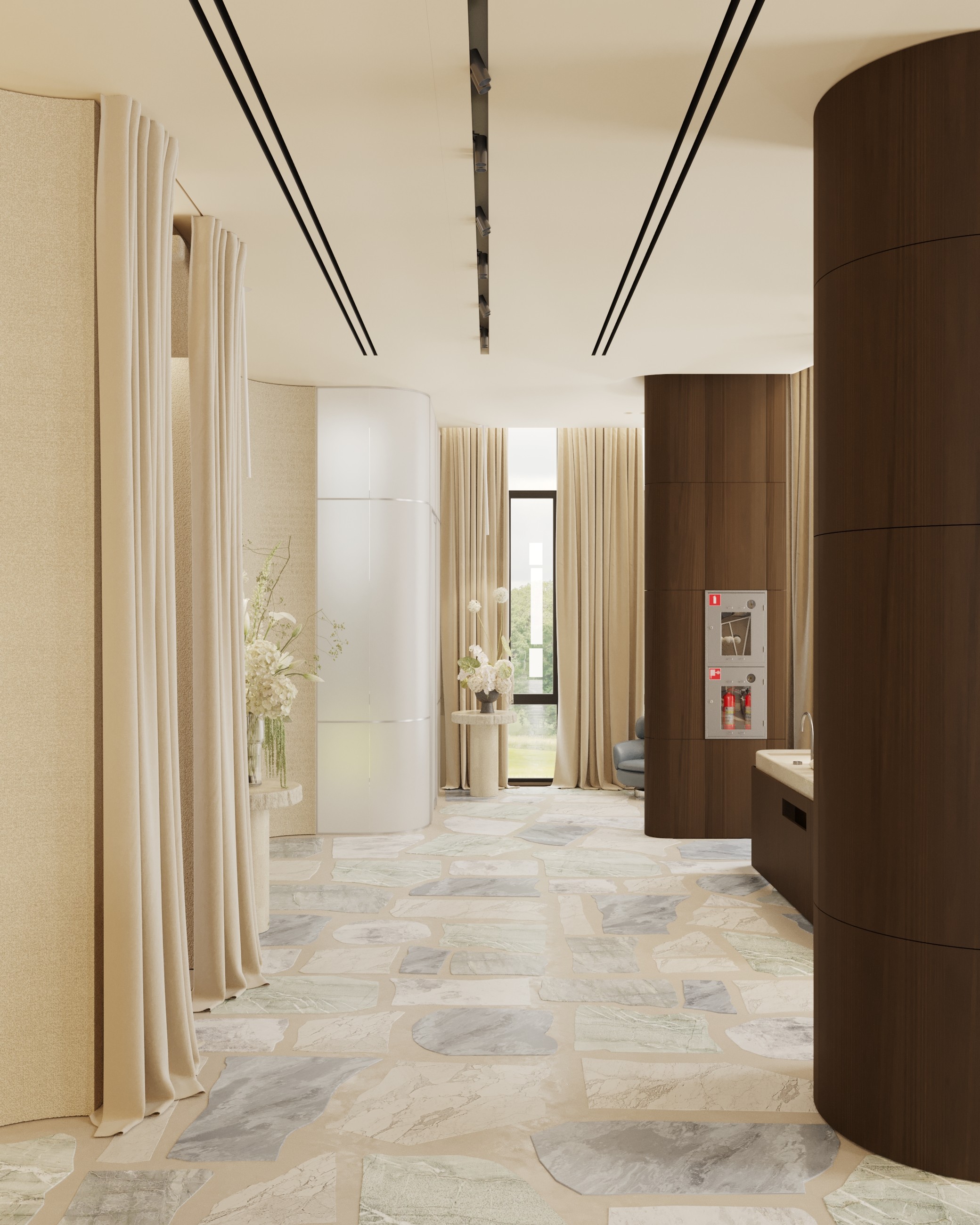 Elegant spa hallway with cream drapes, marble flooring, and wood accents.