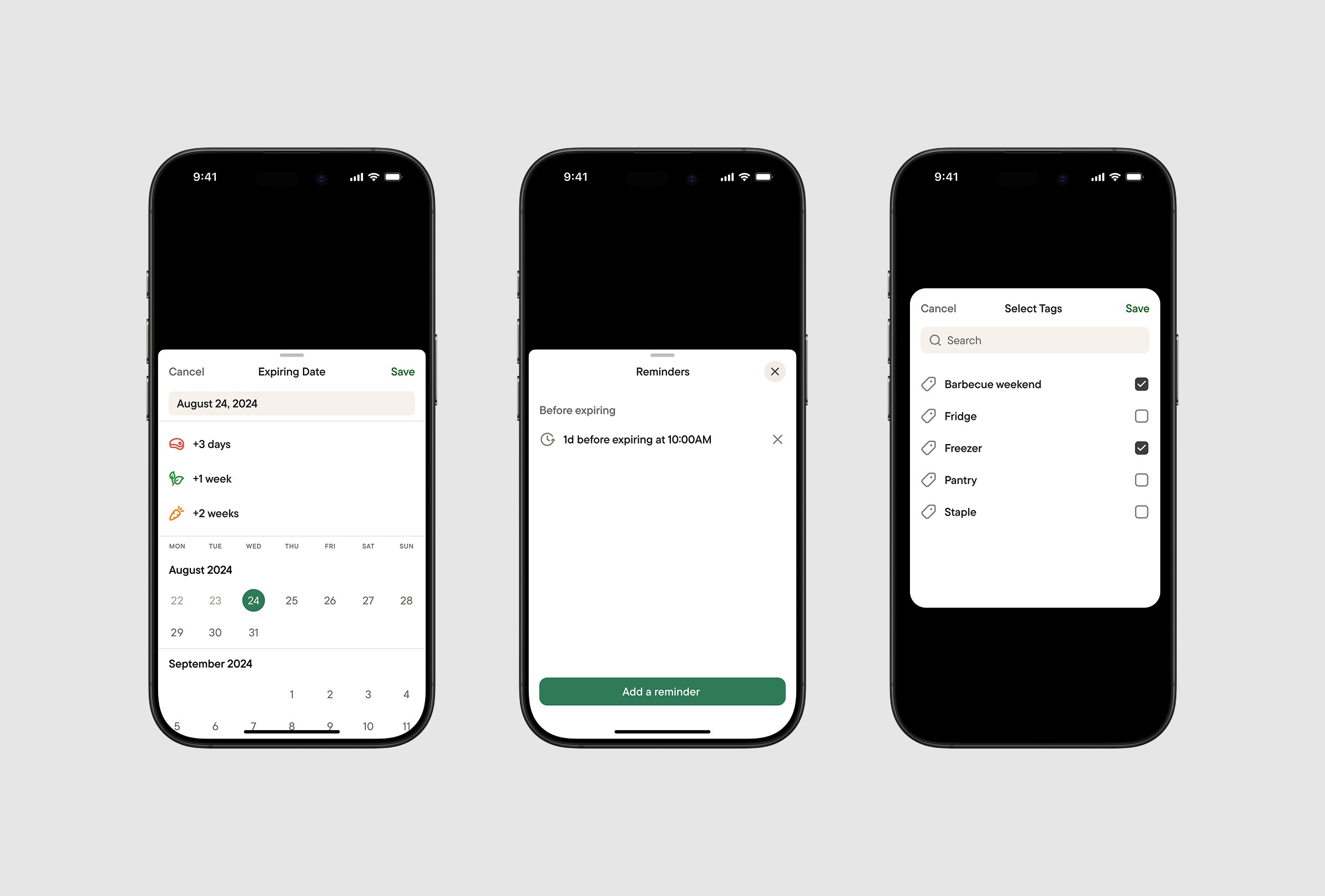 Food Item field selection screens (Expiring Date, Reminders, Tags).