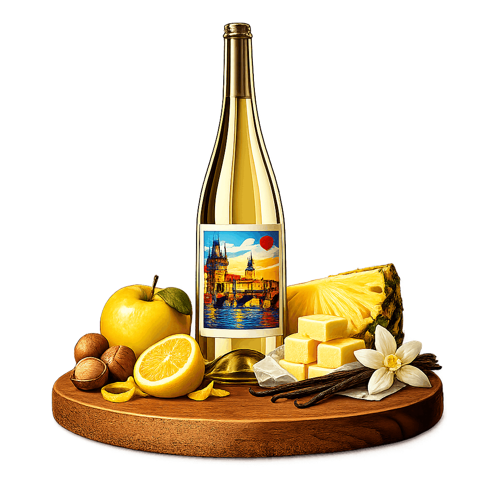 Artistic label and flavor profile for Czech Chardonnay on a rustic wooden table.