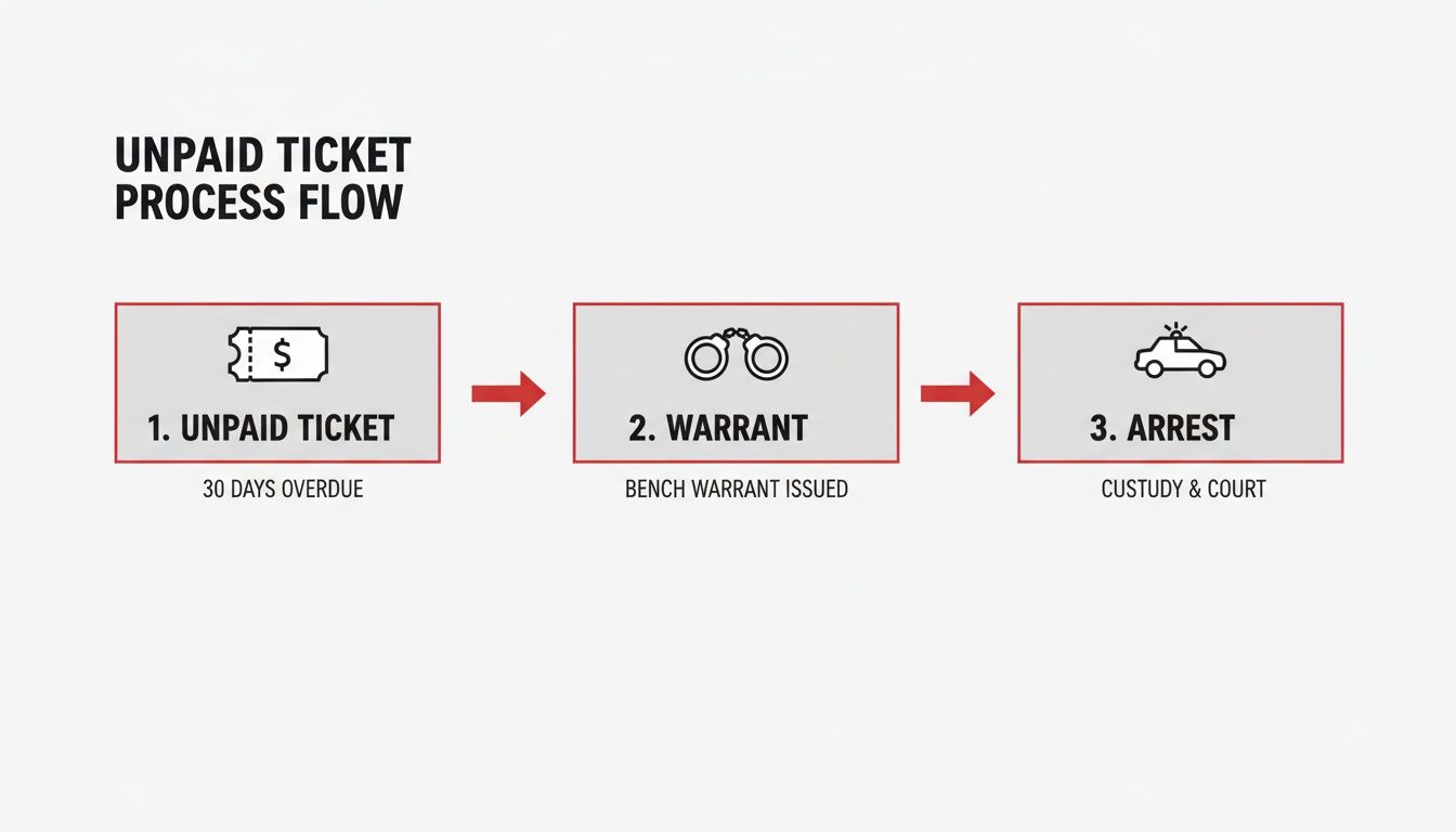 A flowchart showing the unpaid ticket process: 1. Unpaid Ticket (30 days overdue), 2. Warrant (bench warrant issued), 3. Arrest (custody & court).