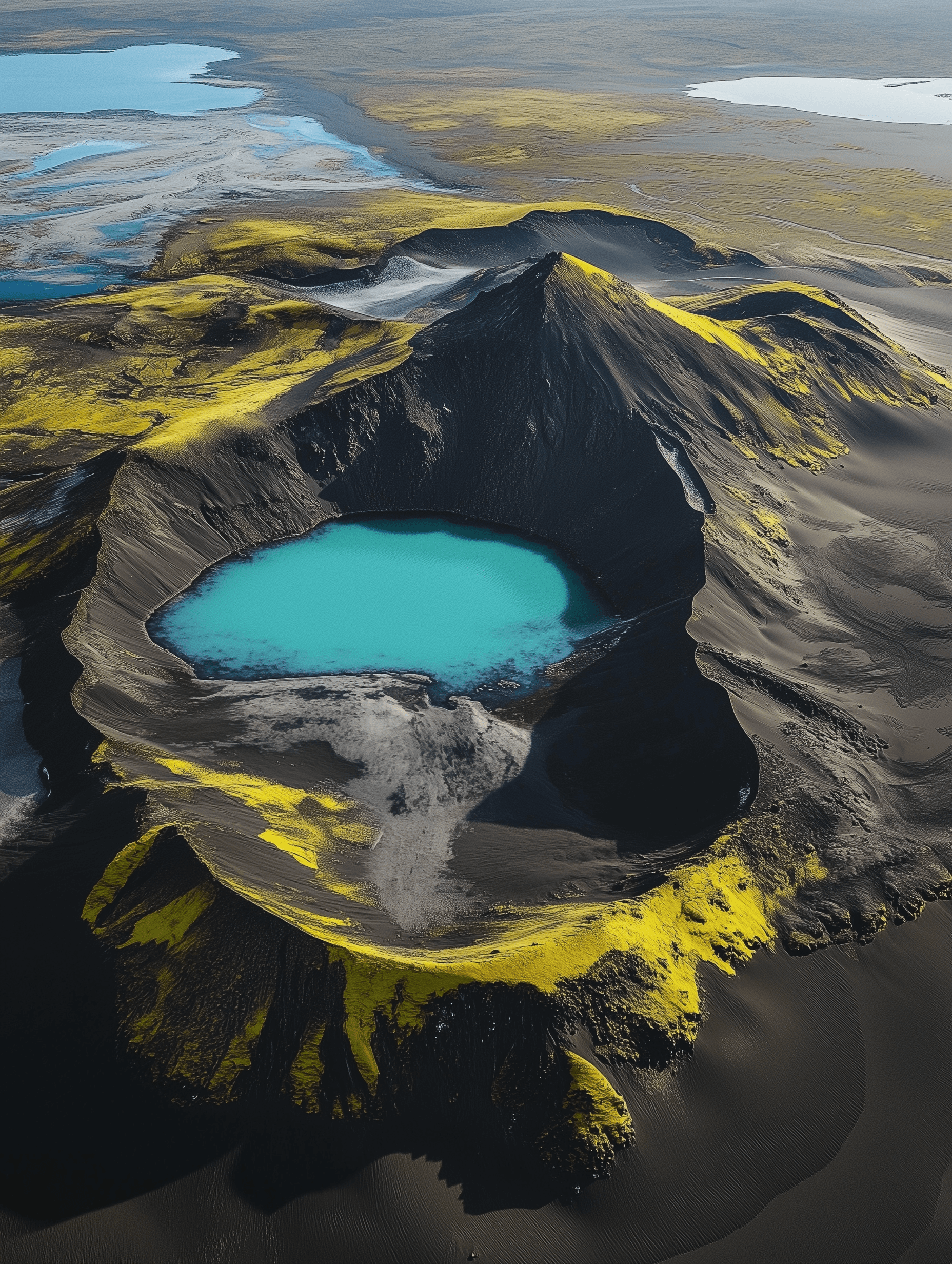 Aerial view of an abstract landscape in Iceland with black sand, Aerial view of an island in the shape of Iceland with black sand, Aerial view of the natural beauty and surreal landscapes in Iceland, featuring turquoise water bodies surrounded by black sand dunes with yellow moss-covered mountains. The scene captures an otherworldly atmosphere with intricate patterns formed on the ground, mossy mountain and a turquoise lake on it, with black sand and a yellow