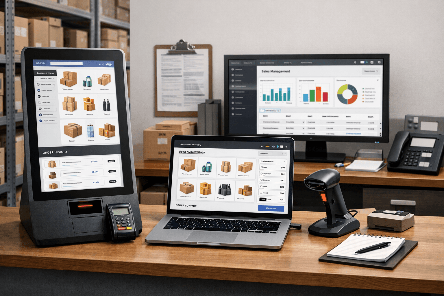 Ilustração em estilo 3D realista e minimalista de um ambiente de operação B2B: uma mesa organizada com um notebook e um terminal digital exibindo um catálogo de produtos e histórico de pedidos, ao lado de um leitor de código de barras. Ao fundo, prateleiras com caixas de estoque e um monitor mostrando gráficos de controle comercial. A cena transmite autoatendimento, reposição de estoque automatizada e gestão centralizada pela distribuidora, sem presença de vendedor.