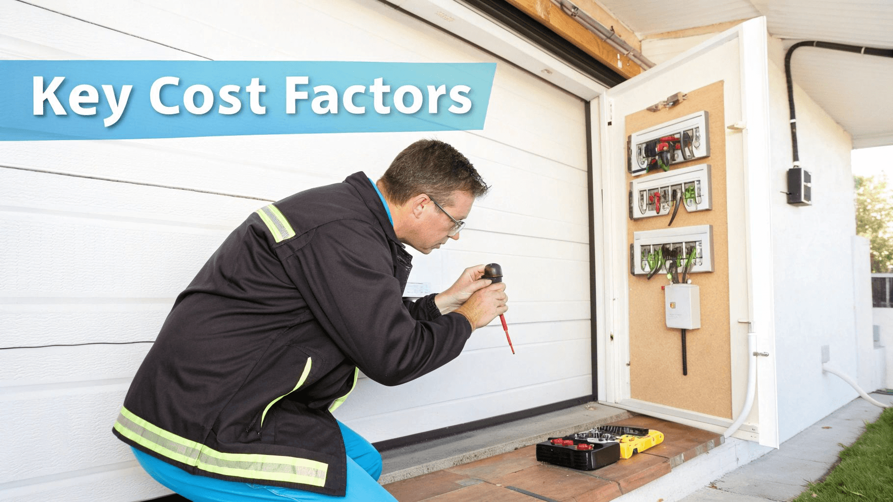 an electrician working on an electrical panel in a black jacket