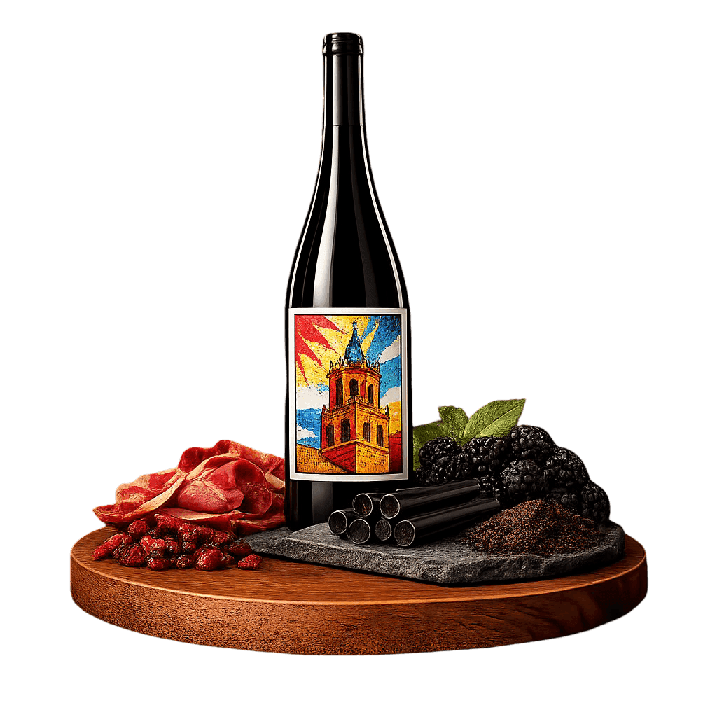 Artistic label and flavor profile for Spanish Cariñena Red on a rustic wooden table.