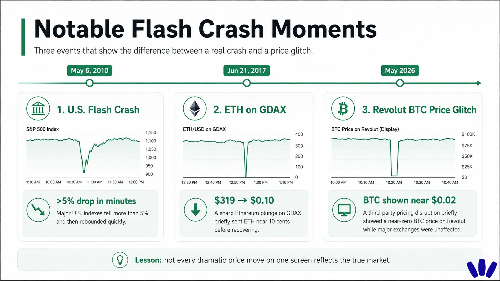 Timeline of notable flash crash moments including 2010 US flash crash, 2017 ETH GDAX, and 2026 Revolut BTC glitch