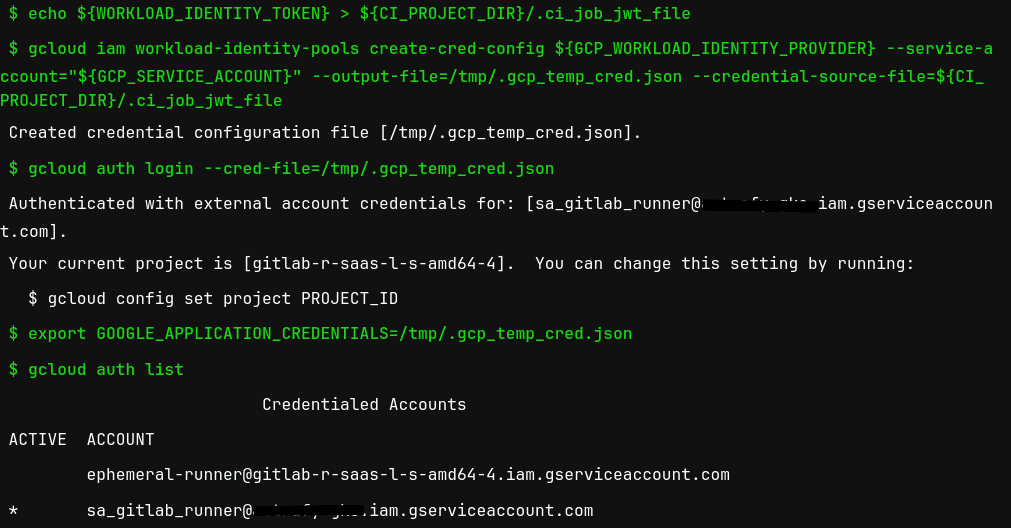 A terminal screenshot showing a series of commands used to authenticate with Google Cloud using workload identity federation from GitLab. It includes setting environment variables, creating credentials with 'gcloud iam', and listing authenticated accounts confirming a service account is active.