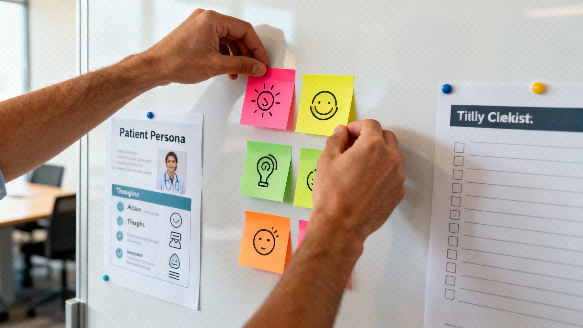 A group of healthcare professionals collaborating on a patient journey map using sticky notes and a whiteboard.