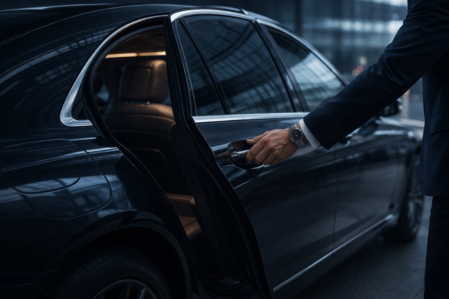 Secure private airport transfer with passenger inside vehicle and chauffeur closing the door