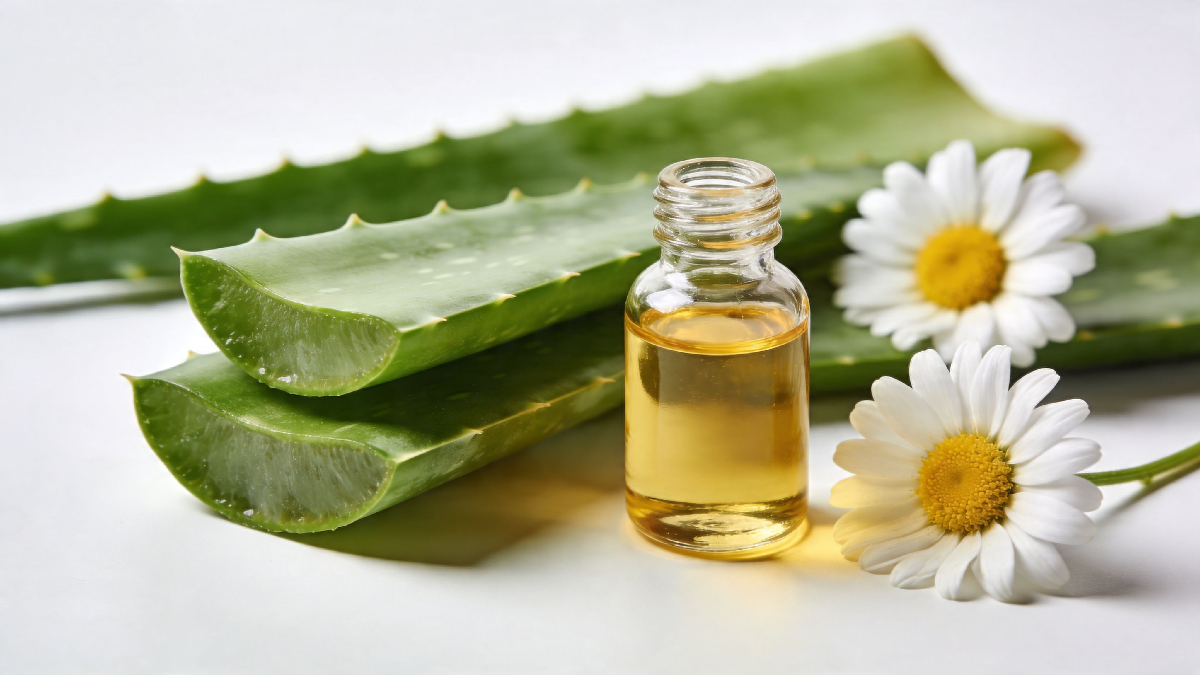 A small glass bottle of essential oil next to cut aloe vera leaves and two chamomile flowers.