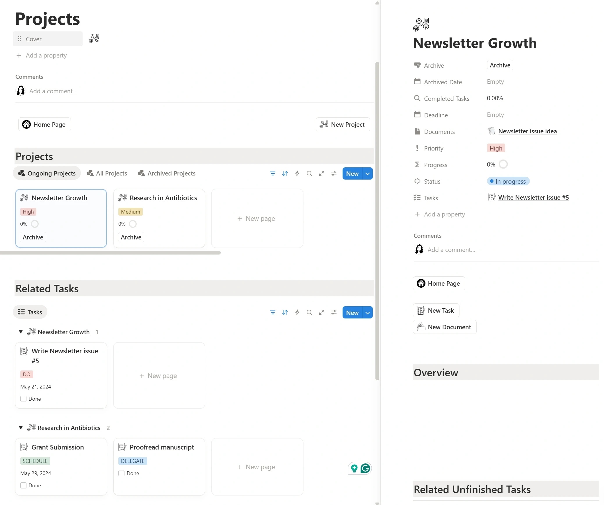Project and related task view in EisenTask Suite, connecting project progress tracking with linked tasks for improved workflow organization