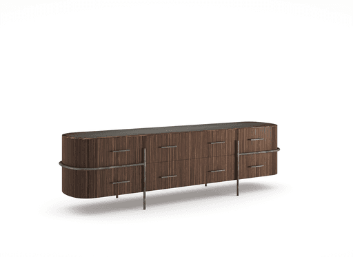 lateral view of a wooden sideboard with metal feet