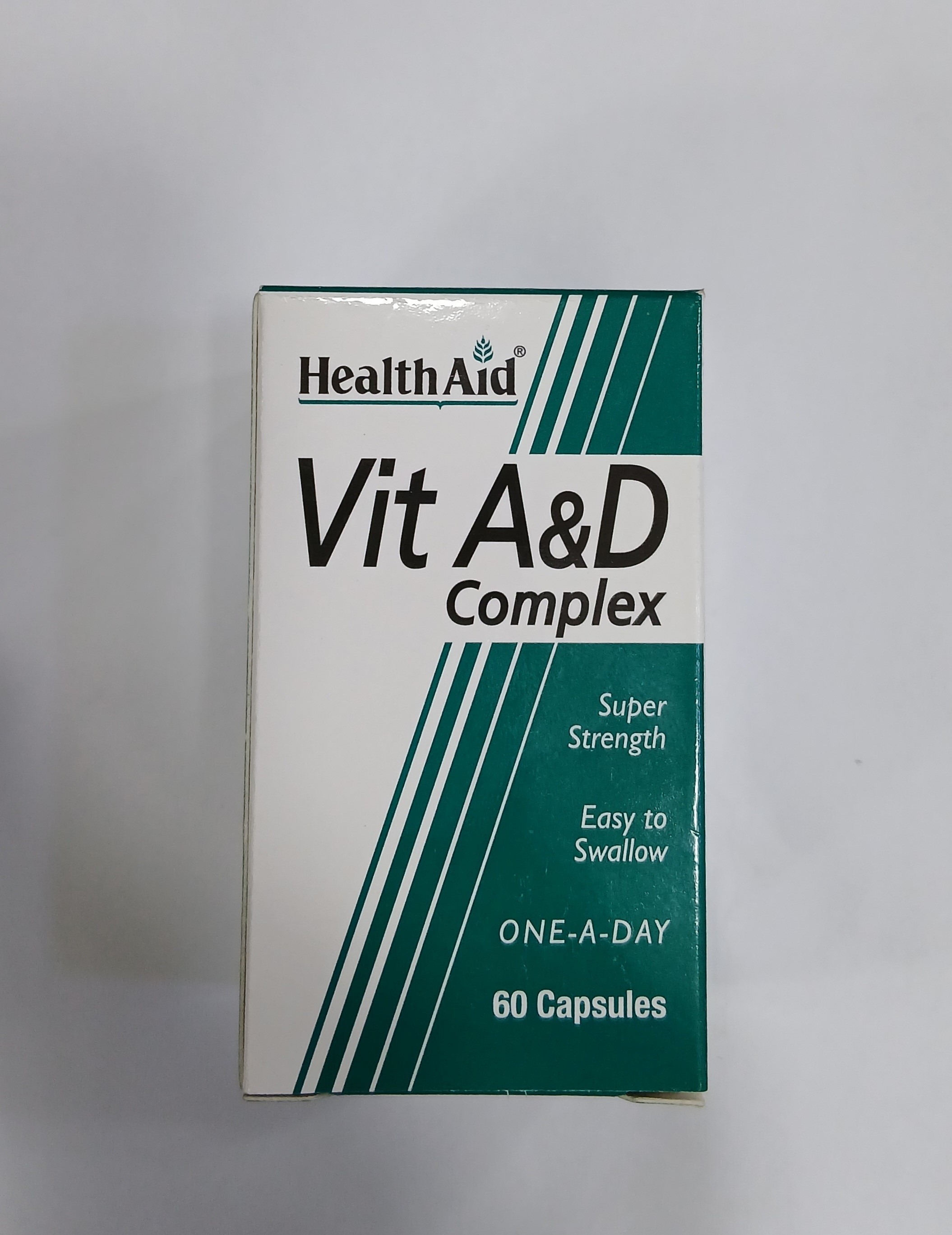 HealthAid Vit A&D Complex one-a-day super strength capsules in a white cardboard box containing 60 easy-to-swallow capsules.