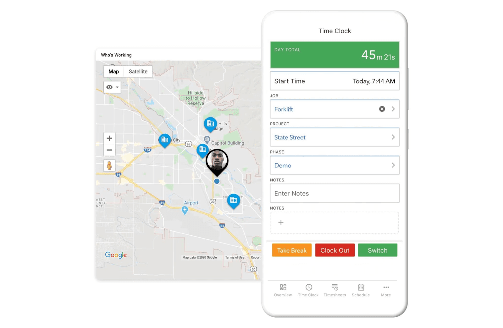 QuickBooks Time’s mobile time clock with employee map locations