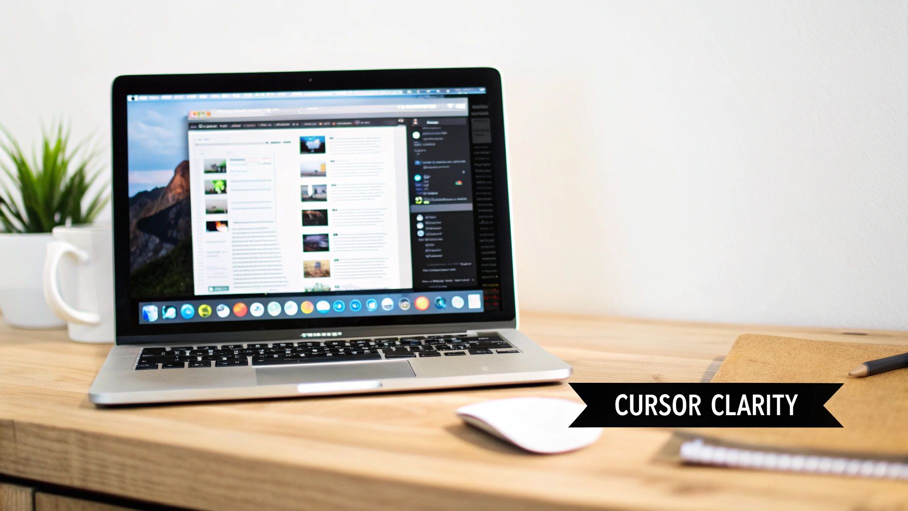 A MacBook Pro laptop displaying a website, positioned on a wooden desk with a white mouse and plant.