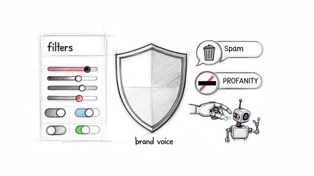 A sketch representing content moderation with filters, brand voice protection, spam and profanity detection, and an automation robot.