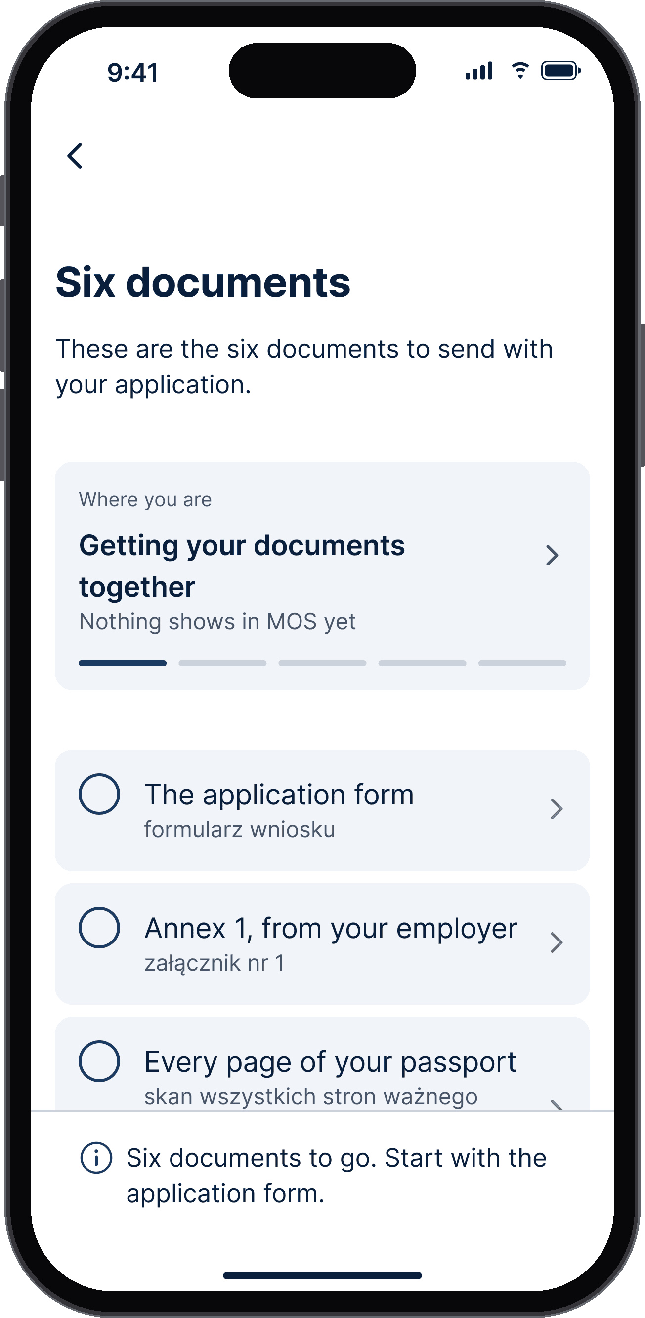 Documents screen on an iPhone, listing the six documents with their Polish names from MOS