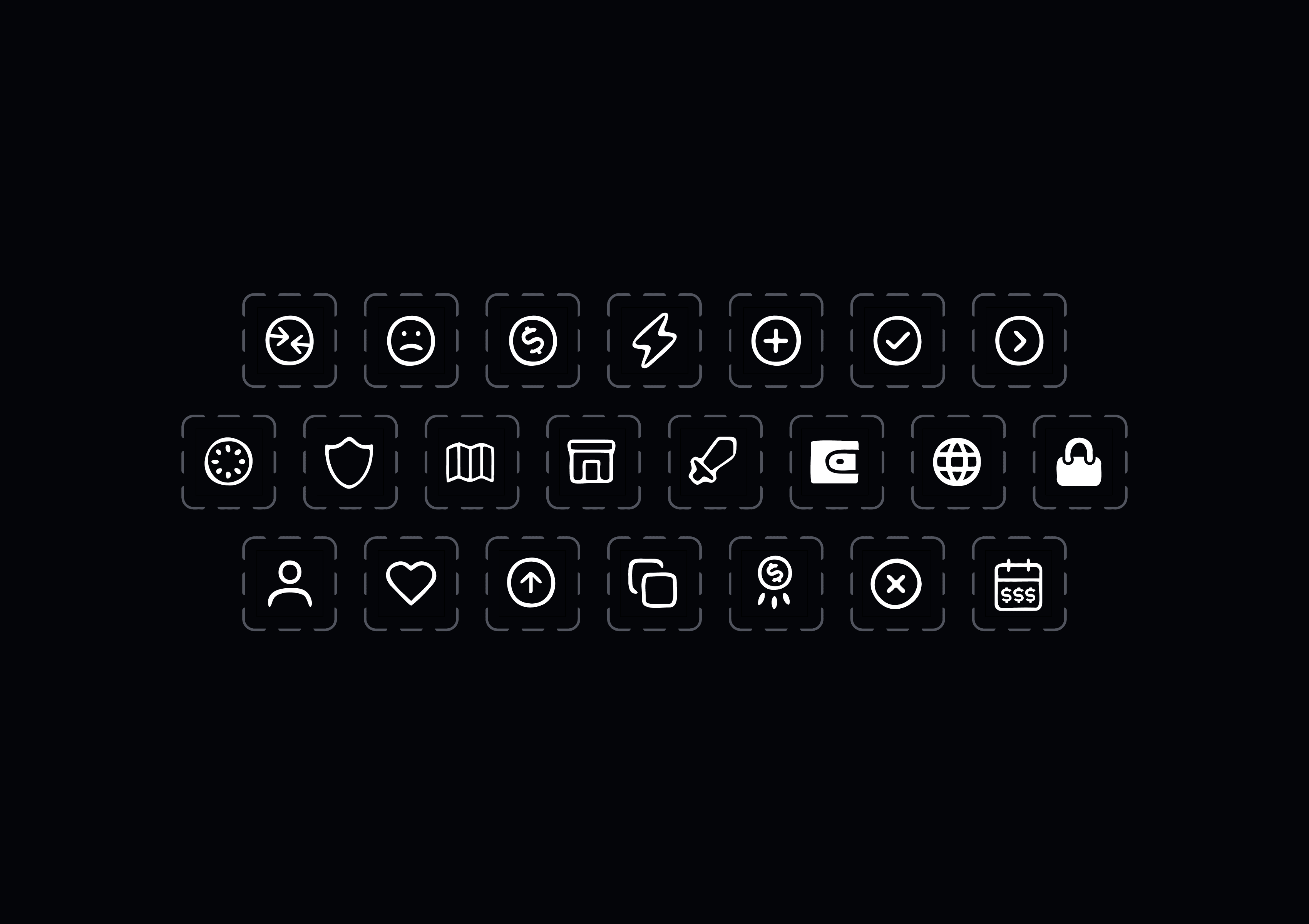 Collection of minimal white line icons designed for NarCoin interface on dark background.