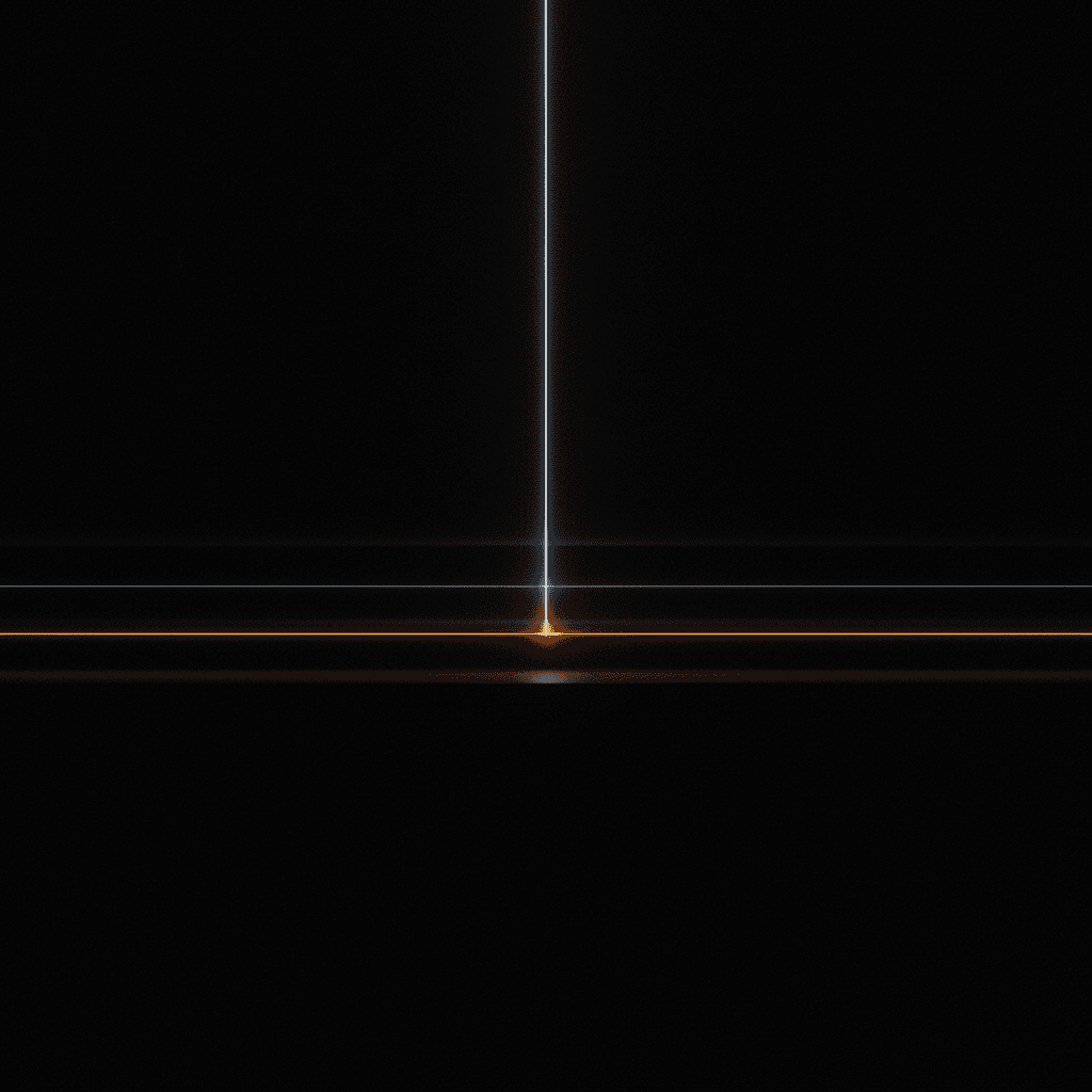 A single orange thread of light suspended in deep black void with receding planes