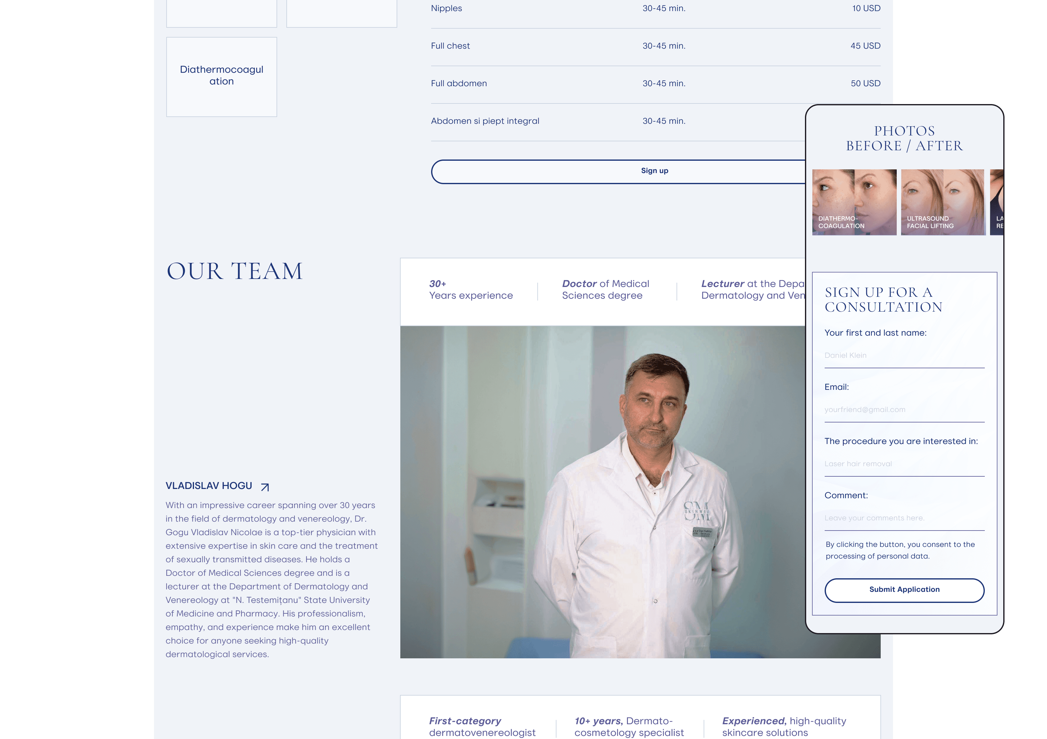 Portrait of Dr. Vladislav Hogu, dermatologist with 30+ years of experience, presented in the “Our Team” section of SkinMed website