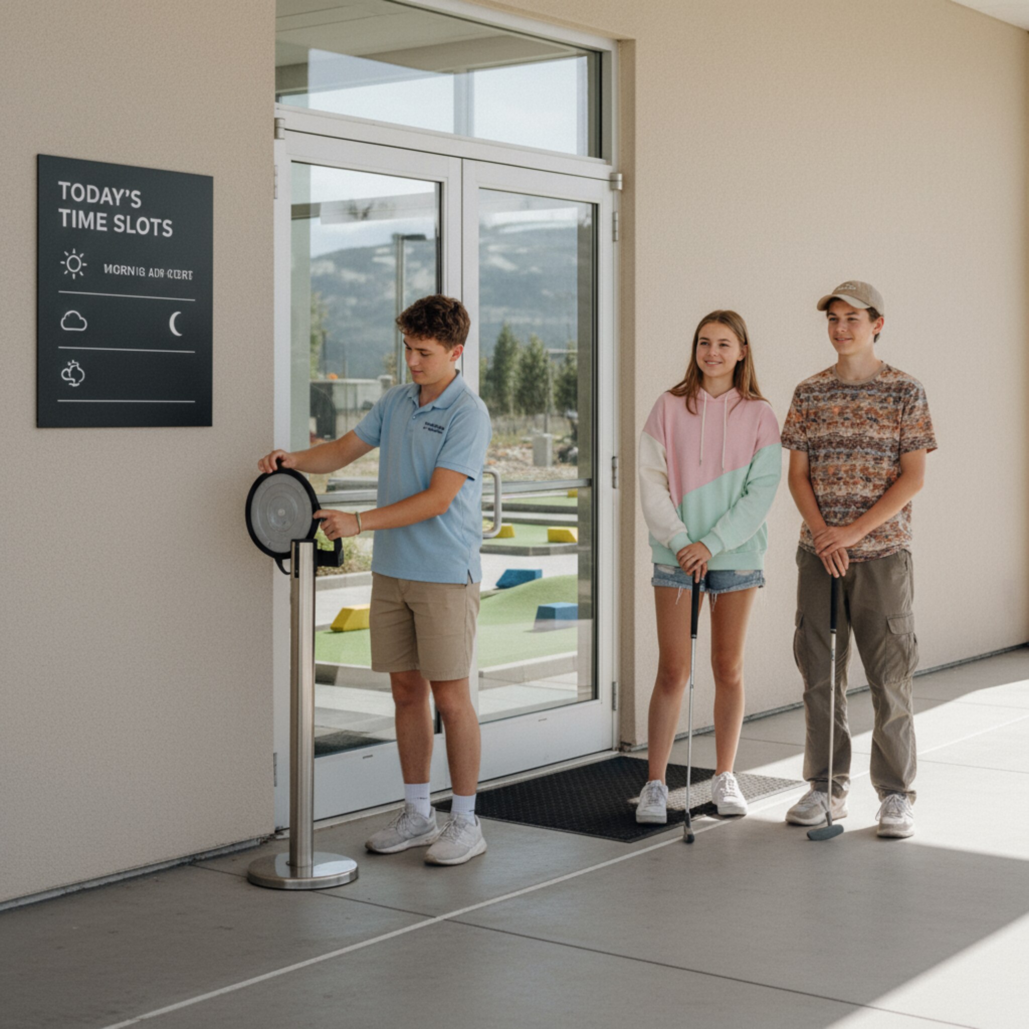 Am Eingang hängt eine schlichte Tafel mit heutigen Slots und Wetterpiktogrammen. Ein Mitarbeiter öffnet dezent einen Absperrpfosten, um kurzfristig eine weitere Bahn freizugeben. Zwei Jugendliche warten lächelnd mit Schlägern in der Hand. Das Licht ist hell und klar, die Szene vermittelt zügige Entscheidungen.